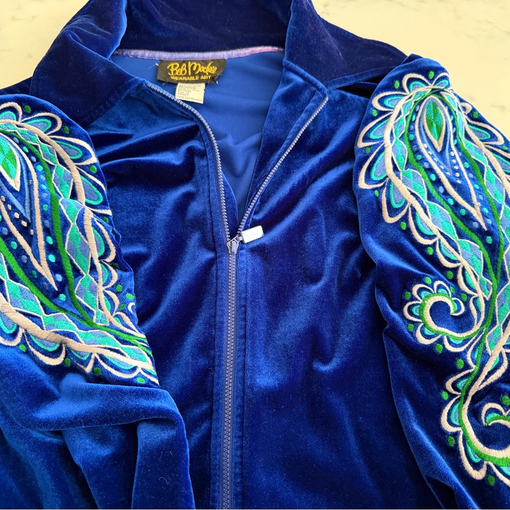 Bob Mackie Royal Blue Bomber Jacket with Green Embroidery